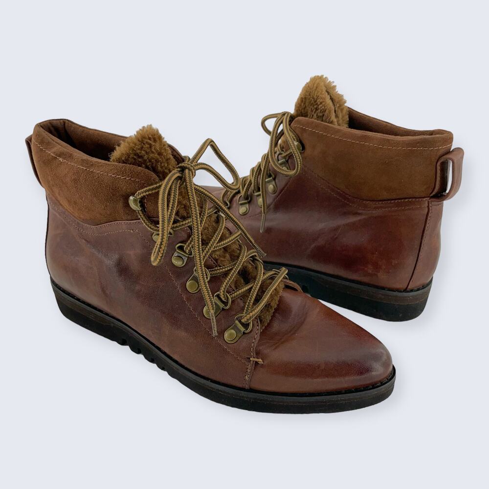Johnston & Murphy Brown Leather Suede Lace Up Fur Tongue Ankle Boot 78-51776 9.5